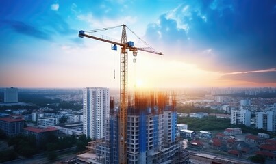 The towering crane stretches its arm high, constructing the new building