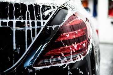 Black modern car covered with white active foam at a car wash.