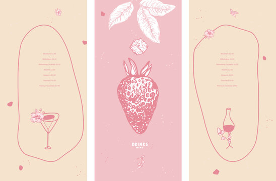 Drinks menu. Cocktail. Wine. Strawberries, mint leaves, ice cube. Pink color. List, banner, booklet, flyer, brochure, price, poster. Vector illustration for restaurant and bar application.