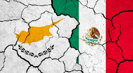 Flags of Cyprus and Mexico on cracked surface - politics, relationship concept