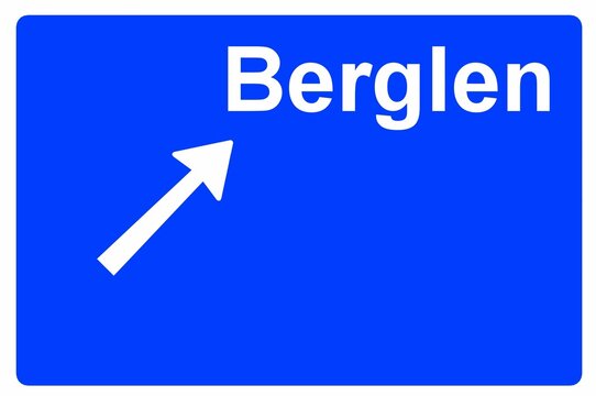 Illustration eines Autobahn-Ausfahrtschildes mit der Beschriftung "Berglen"	