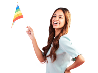 LGBT, pride portrait or happy woman with rainbow flag for self love isolated in a transparent or png background. Equality, human rights and confident person in bisexual, gay or lesbian community