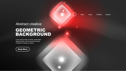 Abstract background landing page, geometric shape illuminated with glowing neon light on dark background. Futuristic city lights concept