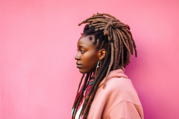 Afro American woman standing against a pink wall in the city - 630996713