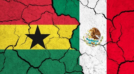 Flags of Ghana and Mexico on cracked surface - politics, relationship concept