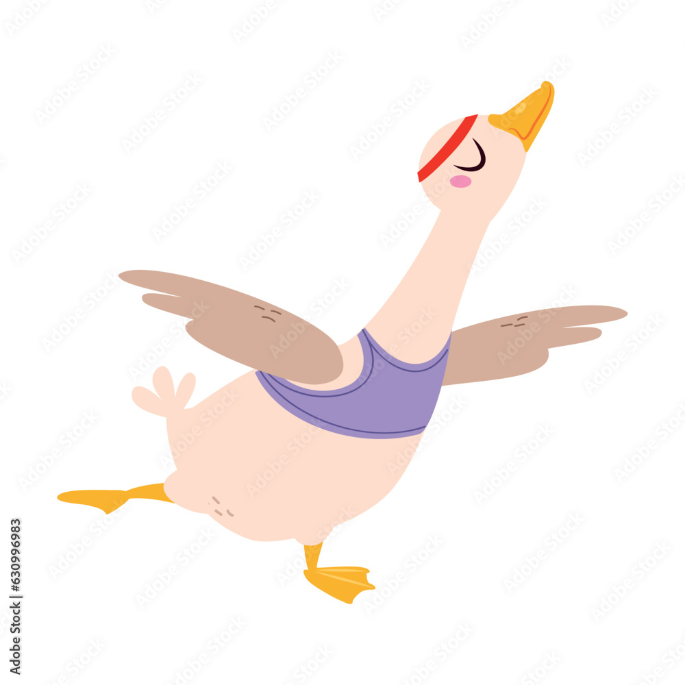 Sticker Funny Goose Character Stand in Yoga Pose Doing Exercise Vector Illustration