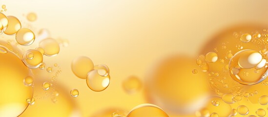 Abstract background banner with various yellow bubbles of oil or serum, providing copy space. Represents - obrazy, fototapety, plakaty