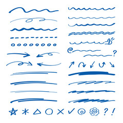 青のペンの手書き線と矢印とアイコンのセット
Set of icons with blue pen handwriting lines and arrows