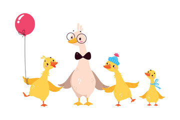 Obraz na płótnie Canvas Funny Goose Character Father with Baby Gosling Vector Illustration