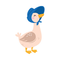 Funny Goose Character Stand in Blue Hat Vector Illustration