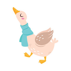 Funny Goose Character Stand in Blue Scarf Vector Illustration