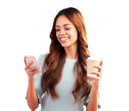 Phone, coffee and happy woman on search online or internet isolated in a transparent or png background. App, smartphone and female person smile for communication, subscription on website