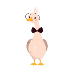 Funny Goose Character Stand in Glasses and Bow Tie Vector Illustration
