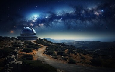 Astronomy observatory on top of a hill at night with a beatiful sunrise background. 