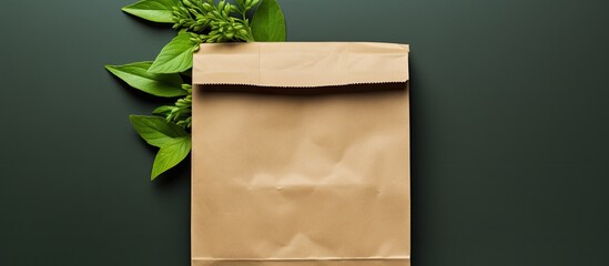 recycled kraft paper bag with green leaves on a green background. It is a sustainable packaging concept