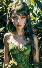 Adorable jungle girl posing. Beautiful girl in the forest. Girl posing in flowers.