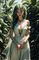 Adorable jungle girl posing. Beautiful girl in the forest. Girl posing in flowers.