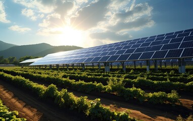 Farmland enhanced with agrivoltaics, where solar panels are intelligently integrated to provide...