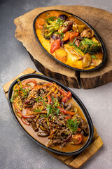 delicious food in a frying pan. Close-up