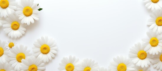 Obraz premium Daisies, white flowers with yellow centers, create a spring or summer background with room for text.