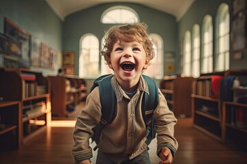 Happy Little  with backpack in classroom ,Generative AI