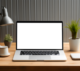 minimalistic laptop screen mockup on a wooden desk against a gray wall background