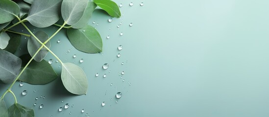A composition of natural eucalyptus leaves with water drops on a mint pastel green background. branch - obrazy, fototapety, plakaty