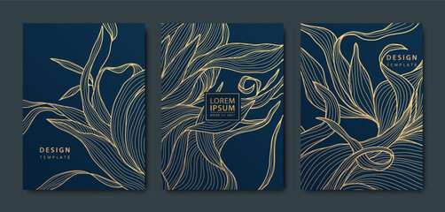 Vector japanese leaves art deco patterns. Floral golden elements template in vintage style. Luxury black line covers, flyers, brochures, packaging design, social media post, banners.