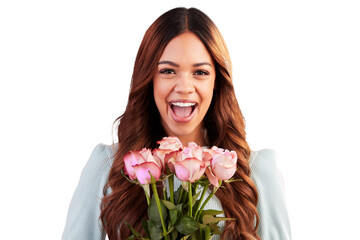 Fototapeta Portrait, excited or happy woman with bouquet of flowers for valentines day, romance or anniversary. Face, smile or female person with roses gift or pink plants isolated on transparent png background obraz