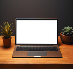 Transparent laptop screen mockup on a wooden table with a studio style black wall