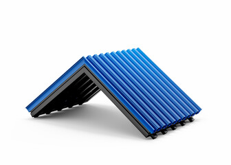 3d Blue Metallic Roof Sheet Corrugated Galvanised Iron For Roof On White Background, 3d Illustration - obrazy, fototapety, plakaty