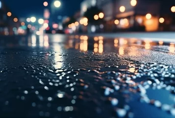 Foto op Plexiglas background of raindrops on asphalt with beautiful reflection of urban lights at night. generatrive ai © LivroomStudio