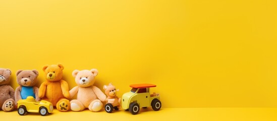 Baby and children's toys are arranged on a yellow background in a flat lay style with empty space for - obrazy, fototapety, plakaty