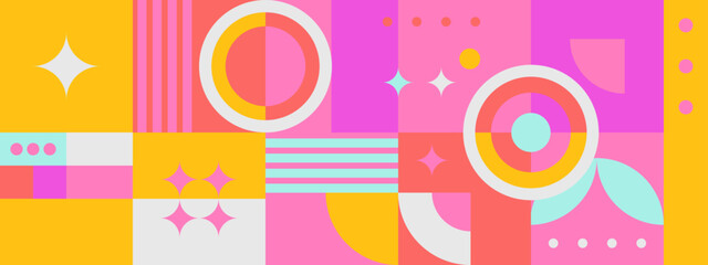 Abstract colorful flat geometric background, mosaic pattern design with the simple shape of circles, squares, dots, and lines. Mural design. Neo geometric. Vector Illustration.