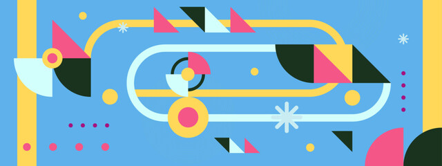 Abstract colorful flat geometric background, mosaic pattern design with the simple shape of circles, squares, dots, and lines. Mural design. Neo geometric. Vector Illustration.