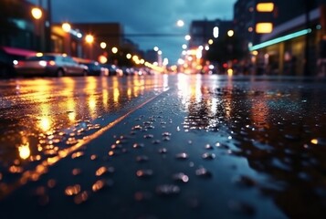 Fototapeta na wymiar background of raindrops on asphalt with beautiful reflection of urban lights at night. generatrive ai