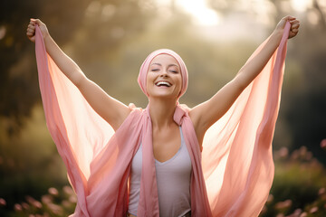 Woman wear pink chemo hat supporting breast cancer ai generated art