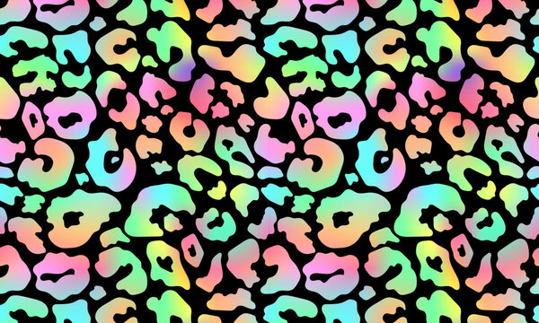 Trendy Neon Leopard pattern horizontal background. Vector rainbow wild animal leo skin, gradient cheetah texture with rainbow spots on black background for fashion print design, wallpapers, decor.