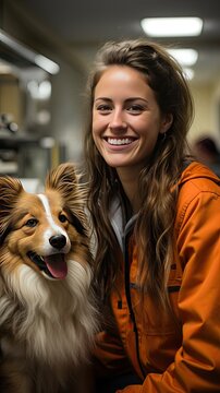 Girl veterinarian photo with a beautiful dog, joyful girl, happy dog.