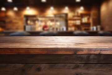 Background for advertising food products on the background of a store, bar, cafe, wooden tabletop, blurred background.
