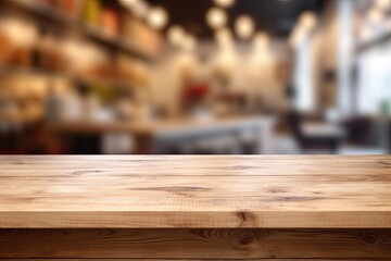 Background for advertising food products on the background of a store, bar, cafe, wooden tabletop, blurred background.