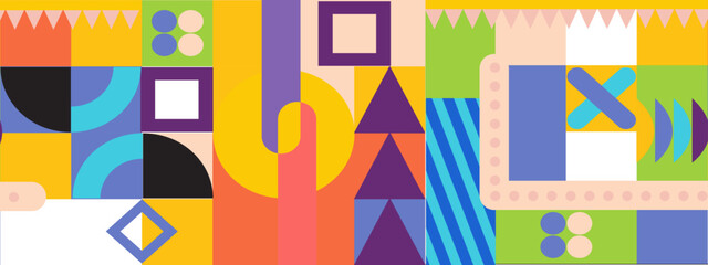 Abstract colorful flat geometric background, mosaic pattern design with the simple shape of circles, squares, dots, and lines. Mural design. Neo geometric. Vector Illustration.