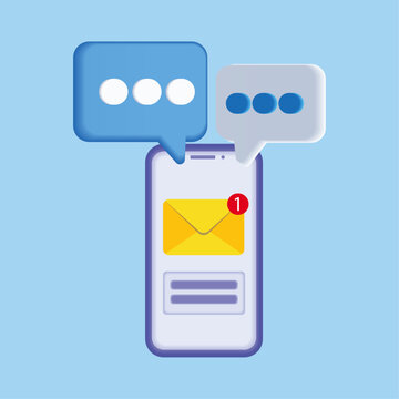 3D speech bubble and Email notification icons with Smartphone concept. Notice on message. New message notification on the phone screen. Envelope with new message. Vector illustration in flat style.