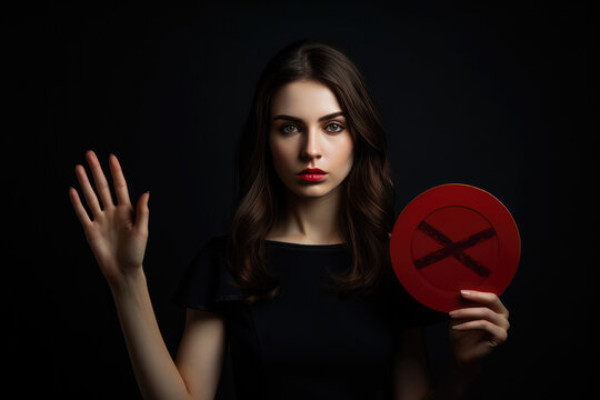Woman Shows Stop Sign On Black Background. Womens Rights, Traffic Signs, Backdrop Color, Symbolism, Visual Communication, Performing Arts, Authority Figures, Empowerment