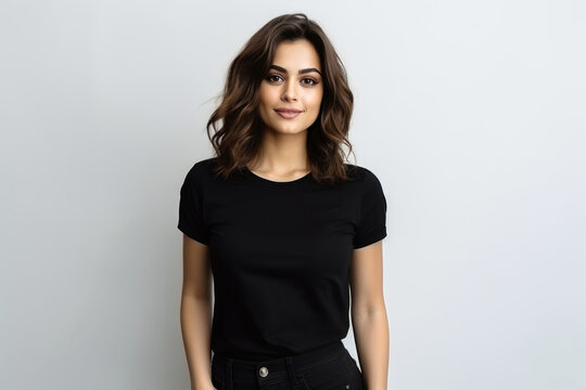 Mock Up Beautiful Woman In Black Tshirt And Jeans On White Background