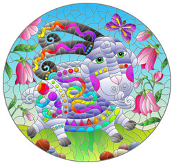 An illustration in the style of a stained glass window with a cute cartoon sheep on the background of a meadow, bell flowers and a blue sky, oval image