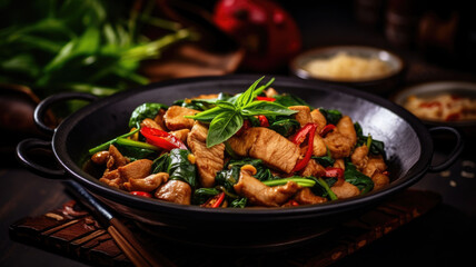 Thai food is popular all over the world,Stir-fried basil and pork.genearative ai