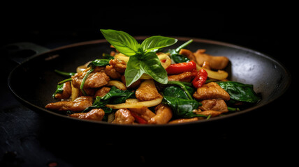 Thai food is popular all over the world,Stir-fried basil and pork.genearative ai