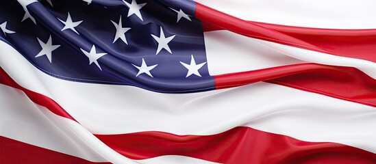 A close-up photograph shows a section of the American flag on a white background. There is space available