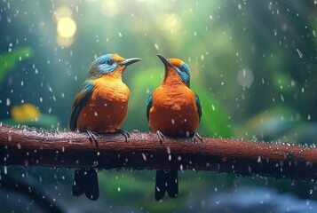 a pair of beautiful birds in the forest with raindrops and nature blurred background. generative ai
